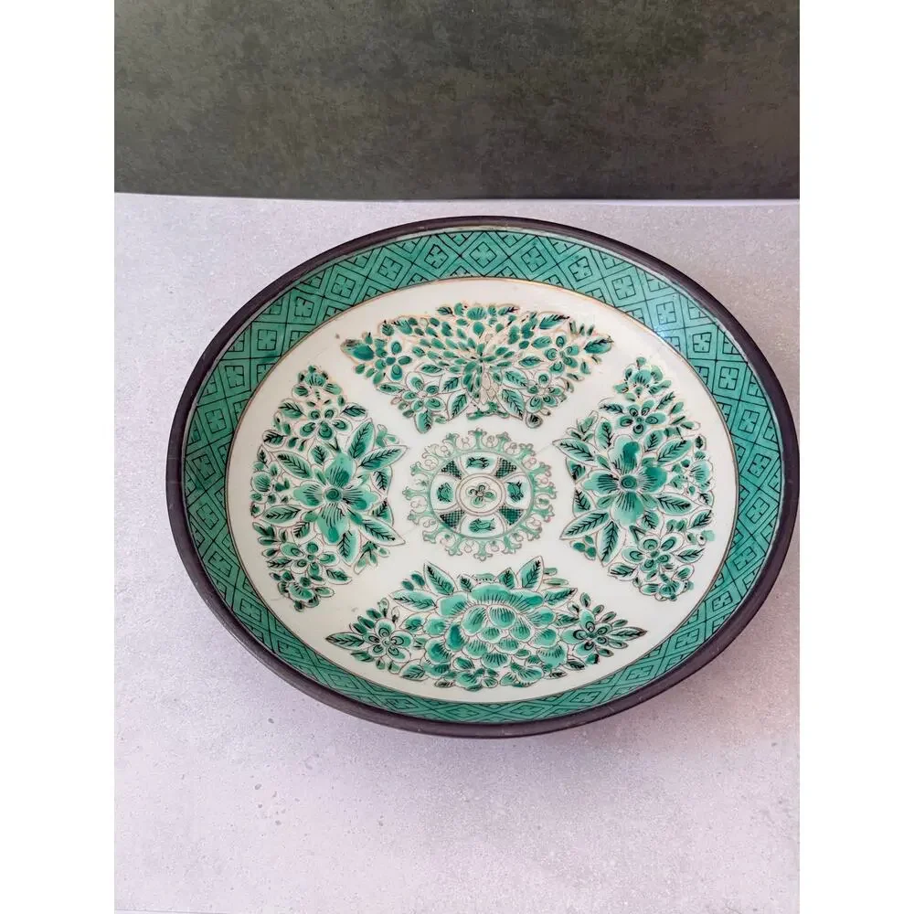Vintage ACF Pewter Encased Japanese Porcelain Bowl - Green Floral Chinoiserie